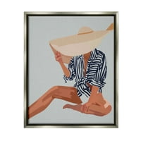 Femeie Stupell Industries ascunsă de pălărie de soare portret de plajă de vară artă grafică luciu Gri Floating Framed Canvas Print