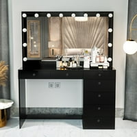 Boahaus Diana Dormitor Modern Vanity Set, Becuri, Negru, Oglindă Largă, Sertare