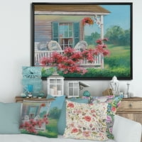 Patio & Blossiming Flori Rosii Cu Casa Din Lemn Înrămate Pictura Panza Arta Print