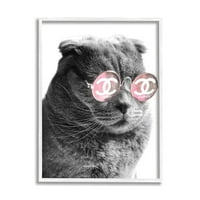 Stupell Industries pisică la modă purtând ochelari de soare roz Glam Fashion artă grafică artă cu cadru alb imprimare artă de